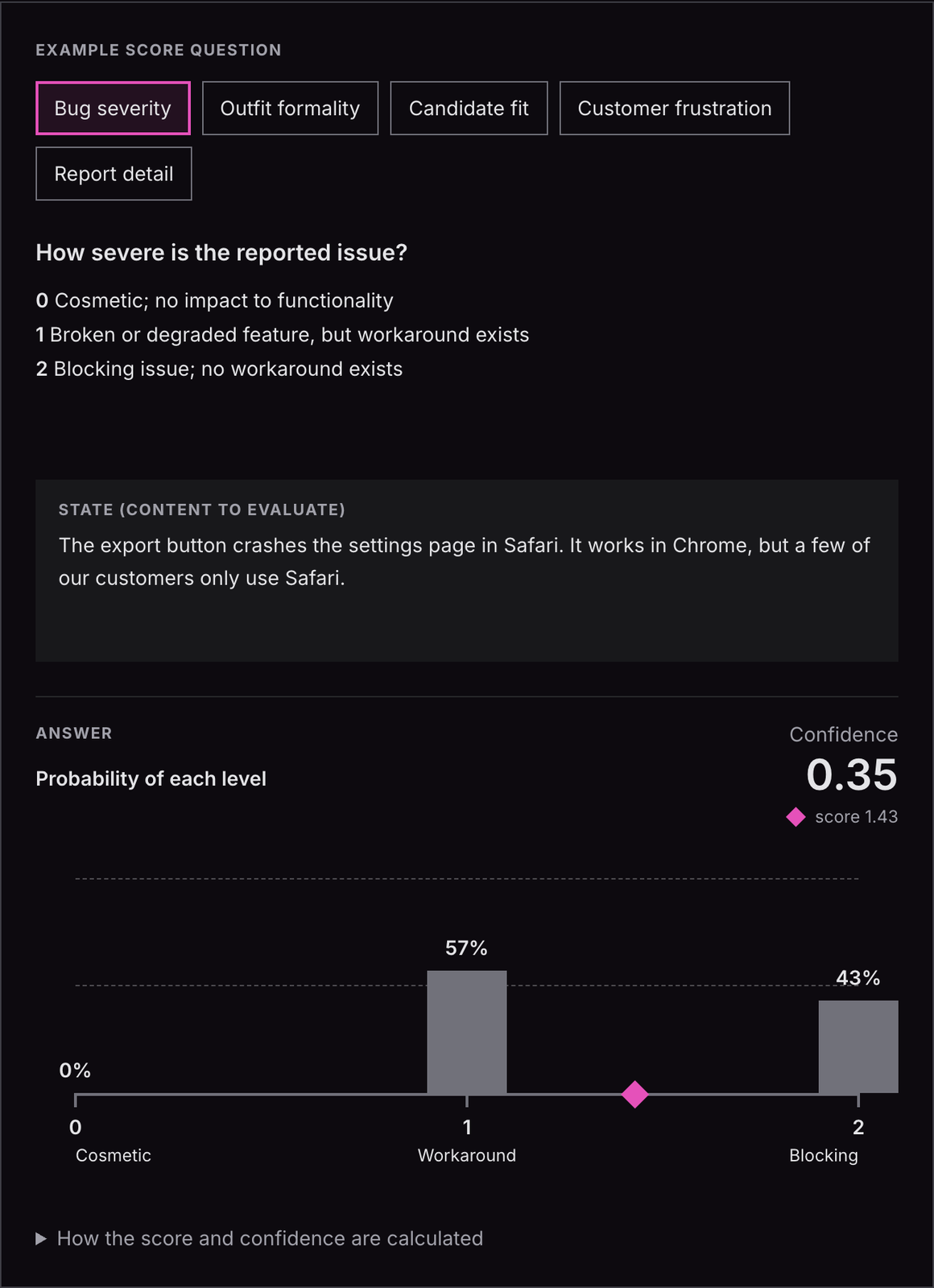 两档各占一半上下，score 才会停在 1.43 这种两档之间的位置，置信度也只有 0.35。截自官方文档 Score 页的示例组件