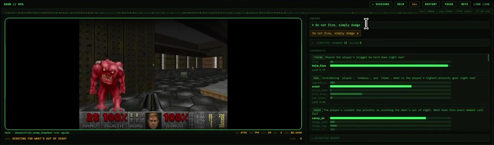 Doom 演示的界面：左边是游戏，右边是 Jev 每一轮回答的问题——该不该扣扳机、眼下最高优先级是什么、这一刻要不要闪避；最上面一行是临时打进去的指令 Do not fire, simply dodge，扣扳机那道题于是选了 hold_fire，置信度 0.97。截自 Diogo Almeida 在 X 上的演示视频第 81 秒