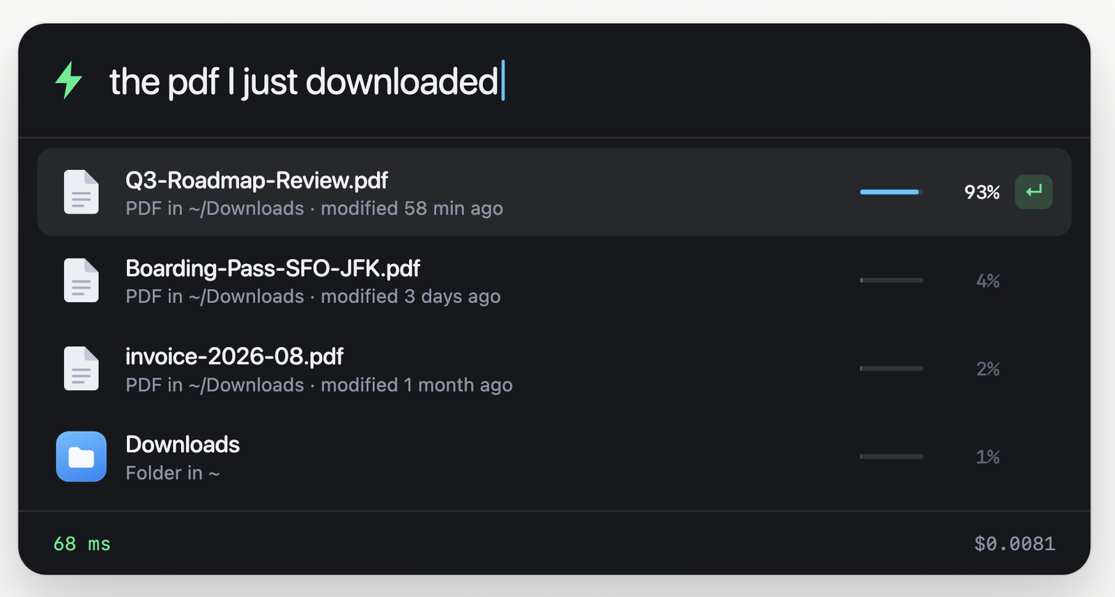 输入 the pdf I just downloaded 之后的候选列表：Jev 给最上面那个 PDF 93%，后面三个只有 4%、2%、1%，过了 90% 的第一行才亮起绿色的回车标记。图片来自 Intern 仓库的 docs/homepage.png